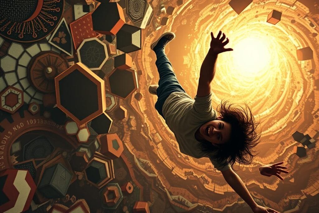 A surreal dreamscape unfolds, with a person plummeting through a swirling, kaleidoscopic void. In the foreground, the figure's face is etched with a mixture of fear and exhilaration, their limbs flailing as they descend. The mid-ground features a disorienting array of geometric shapes, fractals, and abstract patterns, creating a sense of disjointed movement and depth. In the background, the scene is bathed in a warm, amber glow, lending an ethereal, otherworldly quality to the setting. Soft, diffused lighting casts dramatic shadows, heightening the sense of tension and drama. The overall mood is one of unease and uncertainty, reflecting the common experience of falling dreams.