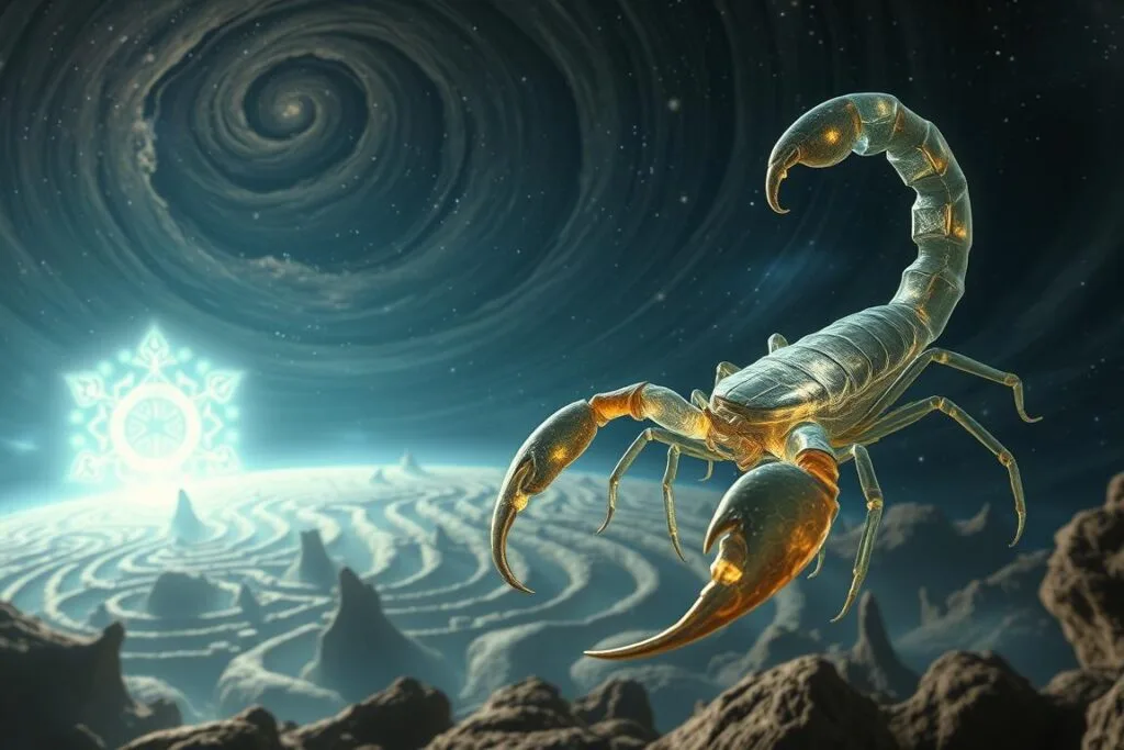 A surreal dreamscape where a giant, ethereal scorpion hovers in the foreground, its translucent exoskeleton casting an otherworldly glow. In the middle ground, a maze of organic, twisting shapes and forms, hinting at the subconscious realm. The background is a swirling, starry night sky, conveying the mysterious and symbolic nature of the scorpion in the dream world. The lighting is soft, diffused, and atmospheric, creating a sense of mysticism and introspection. Captured with a wide-angle lens to emphasize the scale and grandeur of the subject, evoking the profound significance of scorpion symbolism in dreams.