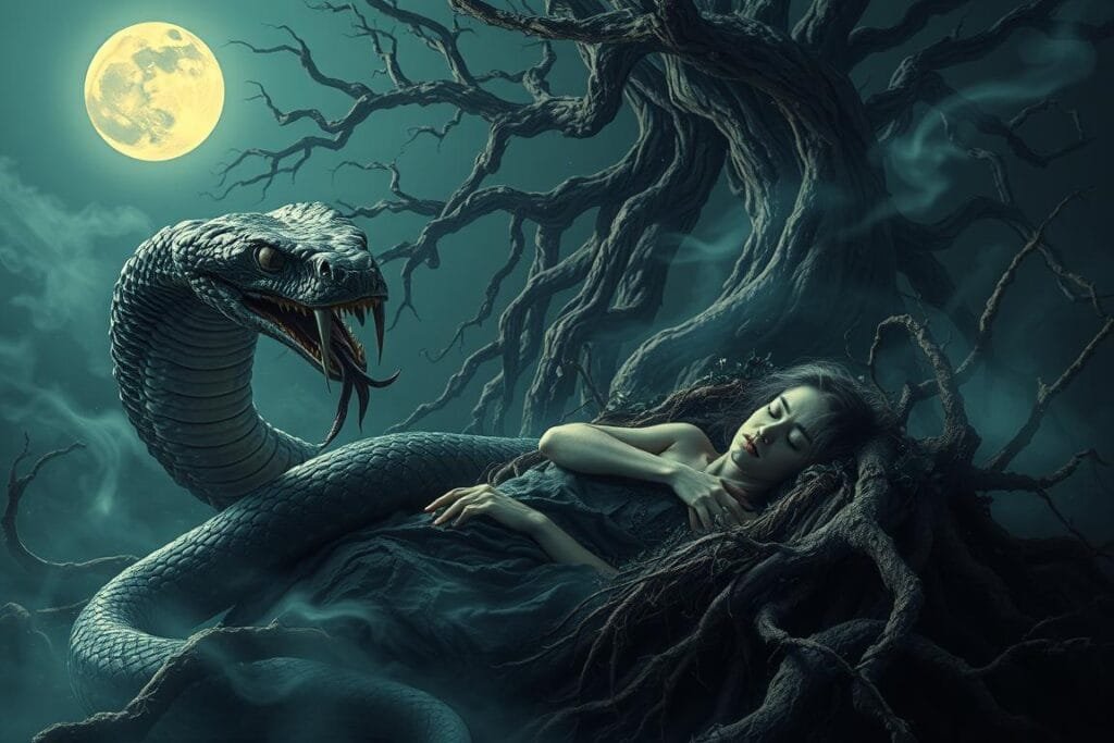 A surreal dreamscape where a serpent's coils entwine a sleeping figure, its fangs dripping with venom. Eerie moonlight casts an ethereal glow, as wispy tendrils of mist weave through the scene. In the foreground, the snake's sinuous form dominates, its scales shimmering with an otherworldly iridescence. The sleeping person, nestled amidst tangled roots and foliage, appears lost in a troubling reverie, their expression troubled. Looming in the background, gnarled, twisted trees loom ominously, their branches reaching like skeletal fingers toward the sky. An unsettling atmosphere of unease and trepidation pervades the composition, inviting the viewer to ponder the tensions between the subconscious and the physical world.