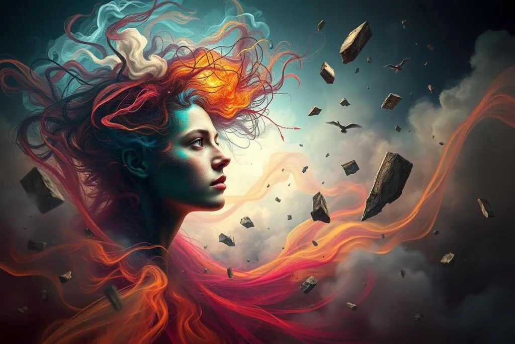 A surreal dreamscape where emotions and psyche intertwine. In the foreground, a figure emerges from a swirling vortex of vibrant hues, their face a kaleidoscope of expressions conveying the depth of the subconscious. Surrounding them, wispy tendrils of thought and memory coalesce, creating a sense of introspection and introspection. In the middle ground, fragmented shapes and forms float, representing the fragmented nature of the psyche. The background is shrouded in a hazy, ethereal atmosphere, evoking the mystery and complexity of the human mind. Soft, directional lighting casts dramatic shadows, adding to the sense of depth and emotion. The overall composition is balanced and visually striking, inviting the viewer to delve into the emotional and psychological interpretations of the subject.
