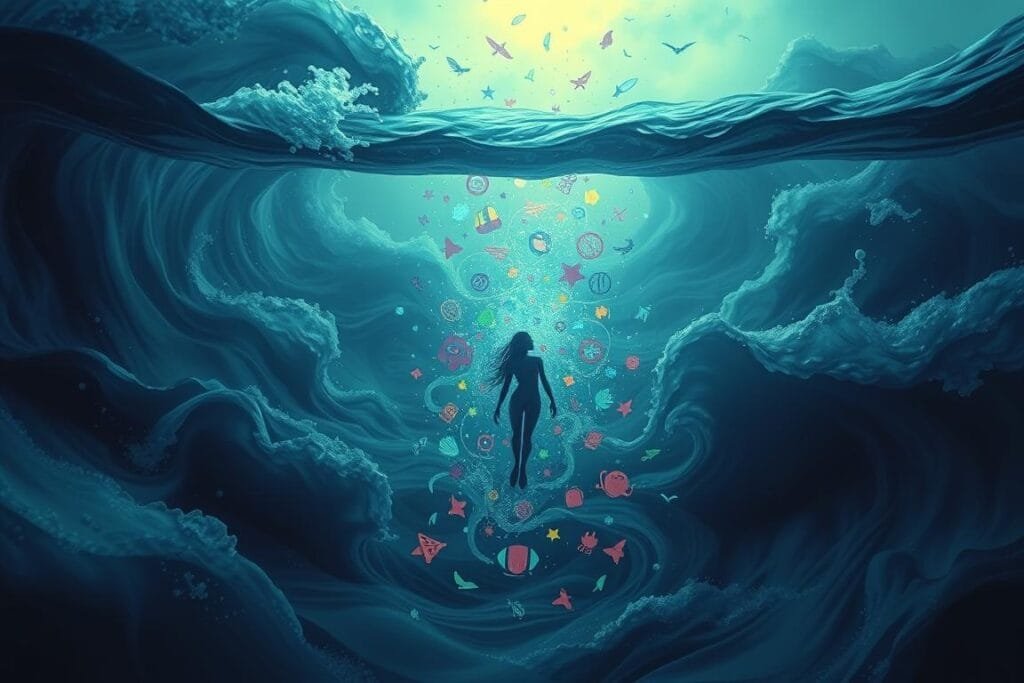 A surreal dreamscape where water takes center stage, with swirling ocean waves and mystical aquatic creatures. In the foreground, a serene figure floating amidst the undulating currents, surrounded by the ephemeral forms of popular culture icons - silhouettes, fragments, and symbols that dance across the water's surface. The middle ground features a vibrant kaleidoscope of colors and shapes, hinting at the subconscious interplay between water and the collective imagination. A hazy, atmospheric background sets the stage, with soft lighting and a sense of tranquility that belies the depth of the dream. An image that captures the intersection of the primal, the mythical, and the ubiquitous elements of popular culture.