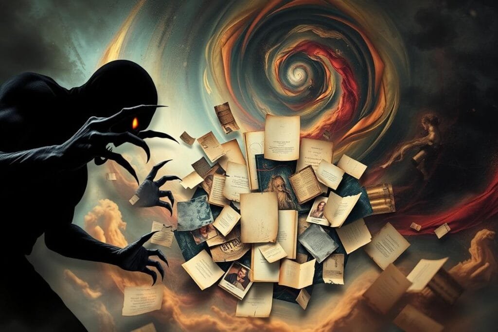 A surreal dreamscape with symbolic elements of attack. In the foreground, a shadowy figure menacing with outstretched claws, its eyes glowing with malicious intent. In the middle ground, a collage of fragmented imagery - shattered mirrors, torn pages, and abstract shapes that evoke a sense of disorientation and vulnerability. The background is a swirling vortex of colors and textures, hinting at the subconscious forces that shape our dreams. Dramatic lighting casts dramatic shadows, heightening the sense of unease and the underlying meaning of the symbolism. The overall mood is one of anxiety, defensiveness, and the need to confront and understand the deeper significance of attack dreams.