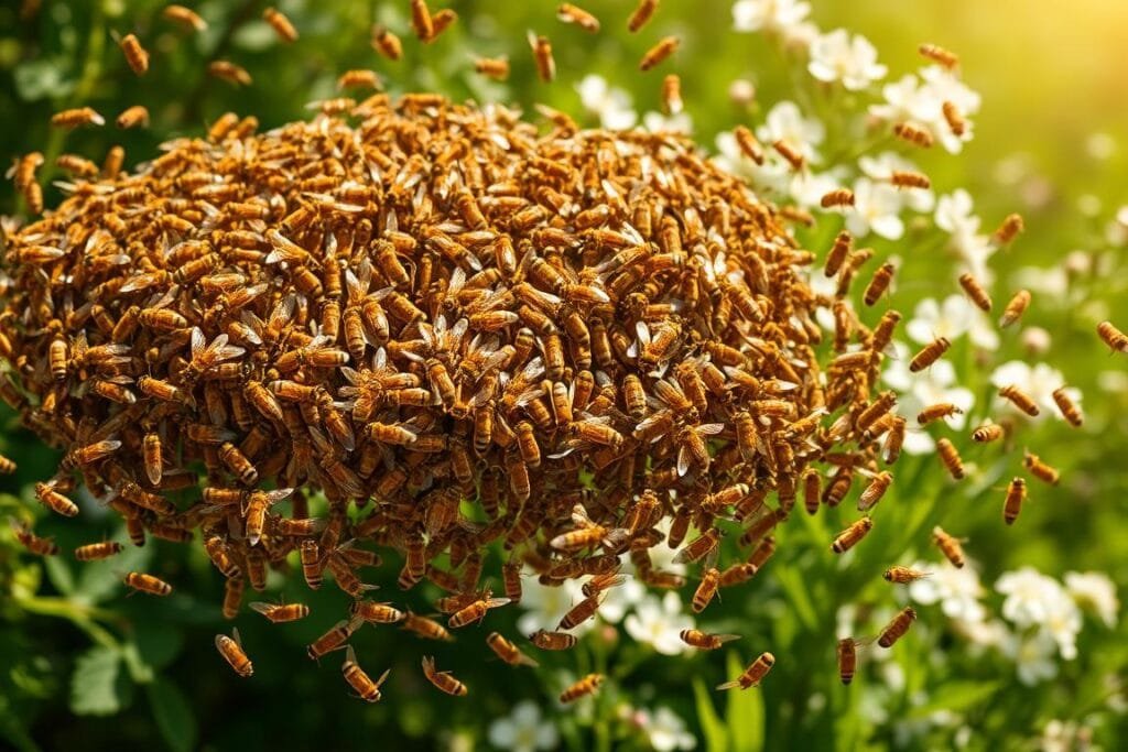 A swarm of honeybees swirling in a mesmerizing dance, their golden bodies glinting in the warm afternoon sunlight. Thousands of tiny wings beating in perfect synchrony, creating a hypnotic buzz that fills the air. The bees move in intricate patterns, weaving through each other with graceful precision, their collective energy palpable. In the lush, verdant background, blossoming flowers sway gently, providing a natural backdrop to this captivating scene. The camera angle is slightly elevated, capturing the full scope of the swarm as it hovers and undulates, a testament to the power and beauty of these industrious insects.