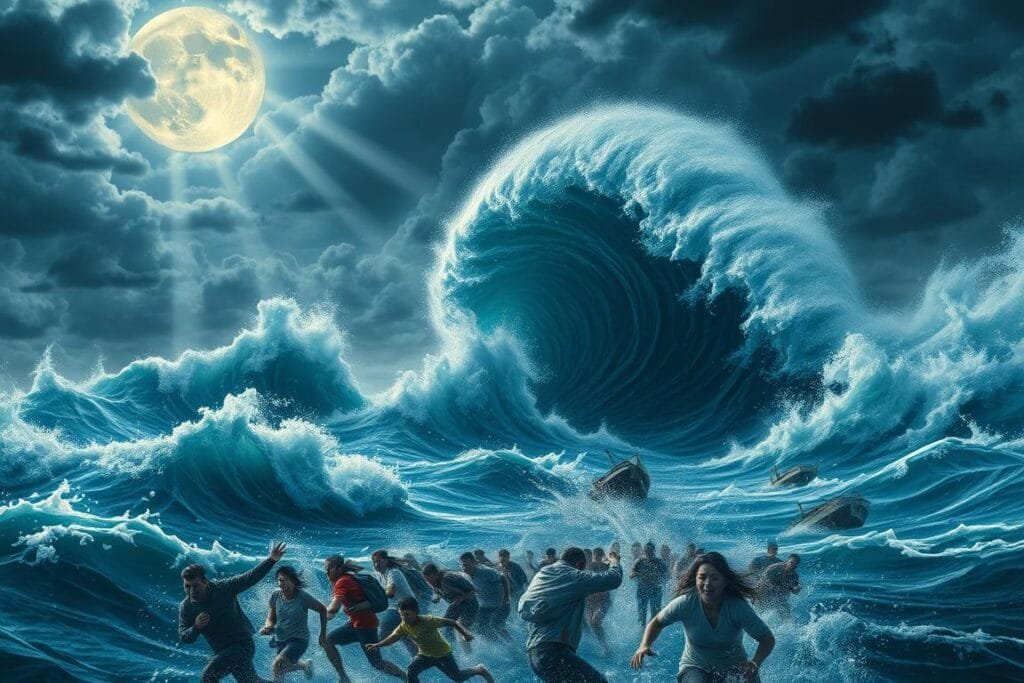 A swirling ocean backdrop, crashing waves and foaming whitecaps. In the foreground, a group of people fleeing a towering tsunami, their faces etched with terror. In the middle ground, debris and overturned boats, a symbol of the destruction. Shafts of moonlight pierce the stormy clouds, casting an eerie glow over the scene. The overall mood is one of raw power, chaos, and the overwhelming force of nature. A sense of the inevitable, inescapable nature of the tsunami dream.
