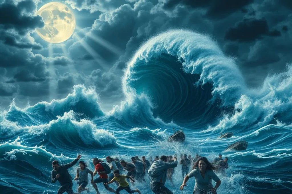 A swirling ocean backdrop, crashing waves and foaming whitecaps. In the foreground, a group of people fleeing a towering tsunami, their faces etched with terror. In the middle ground, debris and overturned boats, a symbol of the destruction. Shafts of moonlight pierce the stormy clouds, casting an eerie glow over the scene. The overall mood is one of raw power, chaos, and the overwhelming force of nature. A sense of the inevitable, inescapable nature of the tsunami dream. A swirling ocean backdrop, crashing waves and foaming whitecaps. In the foreground, a group of people fleeing a towering tsunami, their faces etched with terror. In the middle ground, debris and overturned boats, a symbol of the destruction. Shafts of moonlight pierce the stormy clouds, casting an eerie glow over the scene. The overall mood is one of raw power, chaos, and the overwhelming force of nature. A sense of the inevitable, inescapable nature of the tsunami dream.