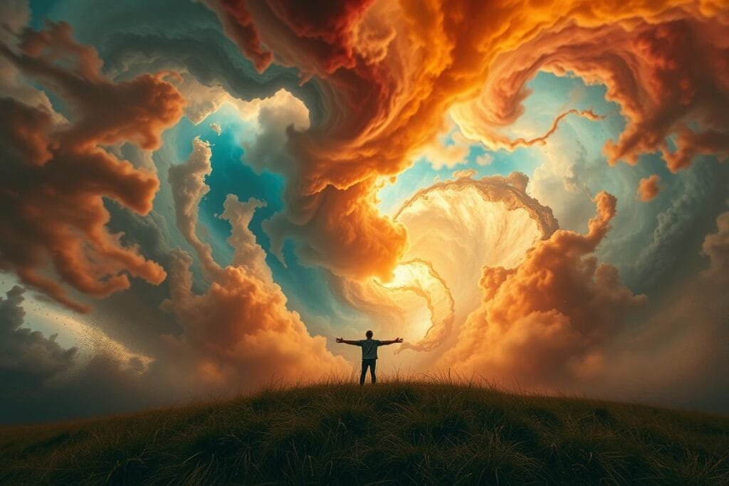 A swirling vortex of emotions, a tornado of dreams cascading across a surreal landscape. Billowing clouds of vivid colors - scarlet, indigo, gold - twist and turn, reflecting the tumultuous inner turmoil. In the center, a lone figure stands, arms outstretched, eyes closed, lost in the maelstrom of their subconscious. Shards of memory and imagination collide, creating a captivating tableau of psychological depth. Soft, atmospheric lighting casts an ethereal glow, heightening the sense of raw, powerful emotion. Captured through a wide-angle lens, the scene evokes a sense of vastness and the overwhelming power of the human psyche.