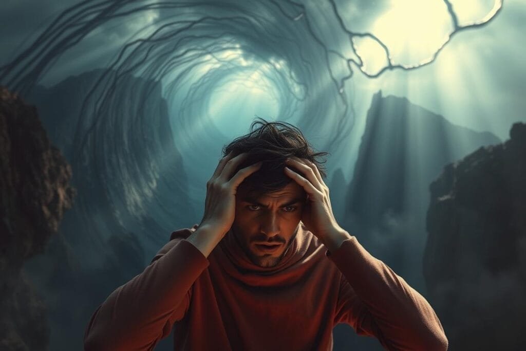 A swirling vortex of tangled emotions, a turbulent storm of anxiety and stress. In the foreground, a figure consumed by inner turmoil, their face contorted with worry, hands gripping their head. The background is a hazy, dreamlike landscape, with jagged cliffs looming ominously, casting long shadows that envelop the scene. The lighting is dramatic, with shafts of light piercing through the gloom, casting an ominous and unsettling atmosphere. The camera angle is slightly tilted, adding a sense of unease and disorientation. The overall tone is one of deep psychological distress, mirroring the unsettling feeling of falling off a cliff in a dream.