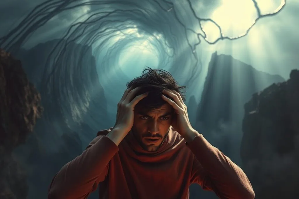 A swirling vortex of tangled emotions, a turbulent storm of anxiety and stress. In the foreground, a figure consumed by inner turmoil, their face contorted with worry, hands gripping their head. The background is a hazy, dreamlike landscape, with jagged cliffs looming ominously, casting long shadows that envelop the scene. The lighting is dramatic, with shafts of light piercing through the gloom, casting an ominous and unsettling atmosphere. The camera angle is slightly tilted, adding a sense of unease and disorientation. The overall tone is one of deep psychological distress, mirroring the unsettling feeling of falling off a cliff in a dream.