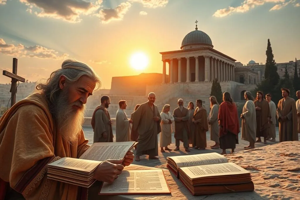 A tranquil biblical scene of ancient Jerusalem at dawn, with the sun's warm glow casting a serene ambiance. In the foreground, a scholar meticulously studies ancient scrolls, their expression contemplative as they ponder the meaning of dreams. In the middle ground, a group of disciples gather, engaged in lively discussion, their gestures animated as they share their own dream experiences. Towering in the background, the iconic Temple of Solomon stands tall, its grandeur a symbol of the divine significance of dreams in the Judeo-Christian tradition. The overall mood is one of reverence, introspection, and the pursuit of spiritual enlightenment. A tranquil biblical scene of ancient Jerusalem at dawn, with the sun's warm glow casting a serene ambiance. In the foreground, a scholar meticulously studies ancient scrolls, their expression contemplative as they ponder the meaning of dreams. In the middle ground, a group of disciples gather, engaged in lively discussion, their gestures animated as they share their own dream experiences. Towering in the background, the iconic Temple of Solomon stands tall, its grandeur a symbol of the divine significance of dreams in the Judeo-Christian tradition. The overall mood is one of reverence, introspection, and the pursuit of spiritual enlightenment.