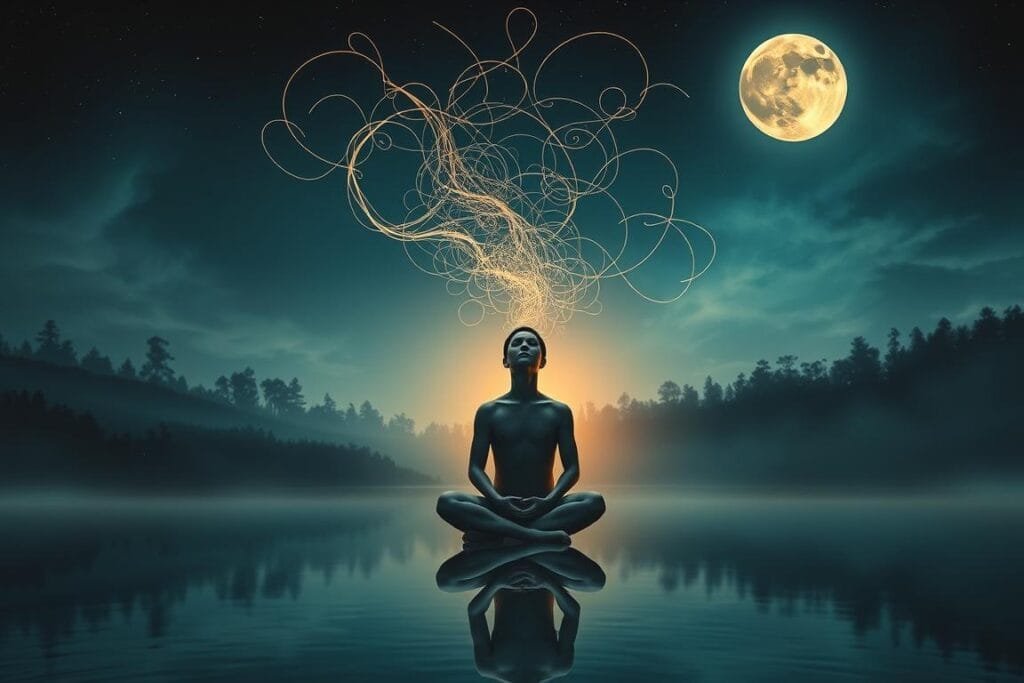A tranquil, dreamlike landscape with a serene, moonlit sky. In the foreground, a figure sits cross-legged, eyes closed, hands resting on their lap. Tendrils of ethereal energy emanate from their head, intertwining and forming intricate, abstract patterns that cascade through the air. The middle ground features a tranquil lake, its surface reflecting the night sky and the figure's form. The background is a mysterious forest, its shadowy trees and foliage hinting at the unknown depths of the subconscious mind. Soft, warm lighting imbues the scene with a sense of contemplation and inner exploration. The overall mood is one of introspection, mystery, and the unraveling of the hidden meanings within dreams.