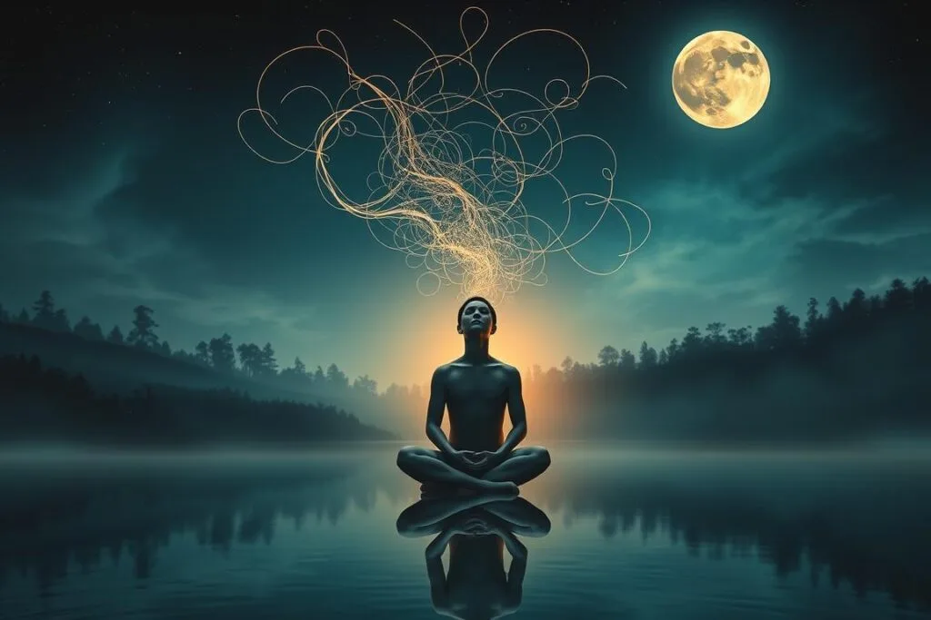 A tranquil, dreamlike landscape with a serene, moonlit sky. In the foreground, a figure sits cross-legged, eyes closed, hands resting on their lap. Tendrils of ethereal energy emanate from their head, intertwining and forming intricate, abstract patterns that cascade through the air. The middle ground features a tranquil lake, its surface reflecting the night sky and the figure's form. The background is a mysterious forest, its shadowy trees and foliage hinting at the unknown depths of the subconscious mind. Soft, warm lighting imbues the scene with a sense of contemplation and inner exploration. The overall mood is one of introspection, mystery, and the unraveling of the hidden meanings within dreams. A tranquil, dreamlike landscape with a serene, moonlit sky. In the foreground, a figure sits cross-legged, eyes closed, hands resting on their lap. Tendrils of ethereal energy emanate from their head, intertwining and forming intricate, abstract patterns that cascade through the air. The middle ground features a tranquil lake, its surface reflecting the night sky and the figure's form. The background is a mysterious forest, its shadowy trees and foliage hinting at the unknown depths of the subconscious mind. Soft, warm lighting imbues the scene with a sense of contemplation and inner exploration. The overall mood is one of introspection, mystery, and the unraveling of the hidden meanings within dreams.