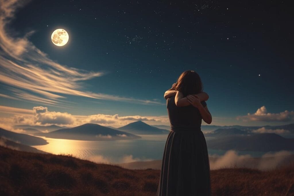 A tranquil dreamscape unfolds, where the act of forgiveness takes center stage. In the foreground, two figures, once adversaries, now embrace in a tender, cathartic hug, their faces illuminated by a soft, ethereal glow. The middle ground features a serene, moonlit landscape, with gentle hills and a shimmering lake reflecting the celestial light. In the background, wispy clouds part to reveal a starry night sky, evoking a sense of peace and healing. The scene is captured with a wide-angle lens, creating a sense of depth and immersion, inviting the viewer to step into this restorative dreamworld.