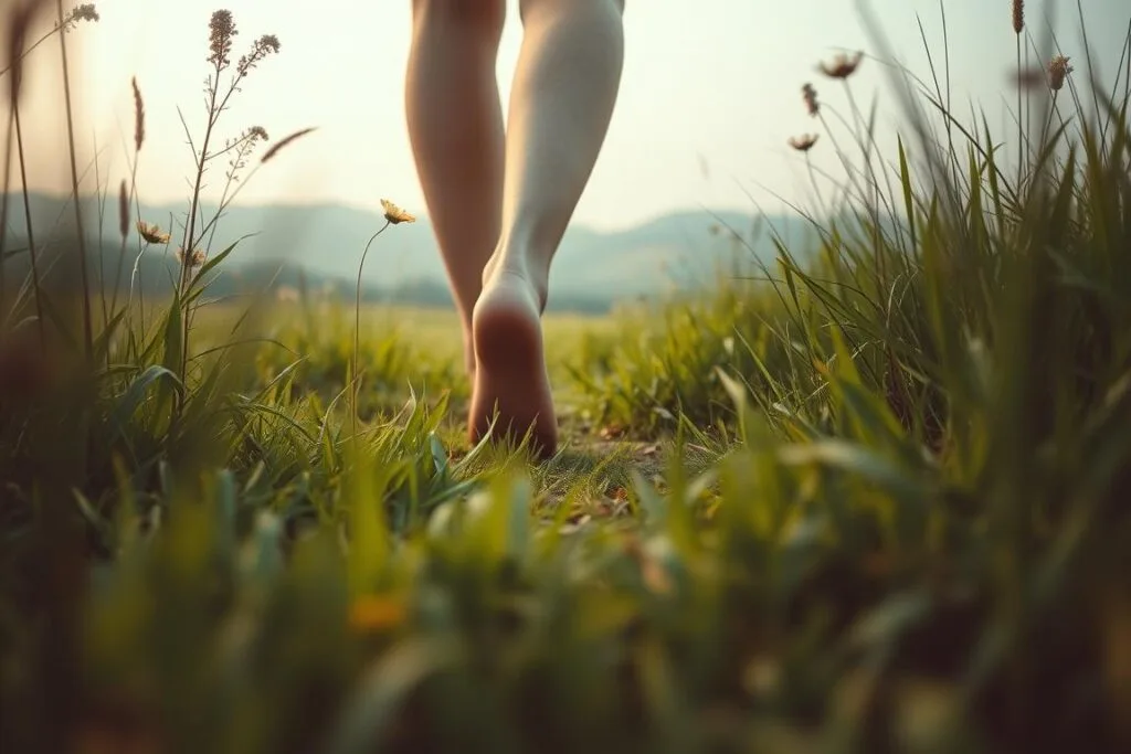 A tranquil dreamscape where a barefoot figure strolls through a lush, verdant meadow. The foreground is dominated by the person's bare feet gently pressing into the soft, dewy grass, with a sense of grounded connection. In the middle ground, the figure is framed by swaying wildflowers and tall, wispy grasses that sway in a gentle breeze. The background is a hazy, atmospheric landscape of rolling hills and a dreamy, pastel sky, creating a sense of peace and serenity. The lighting is soft and diffused, casting a warm, ethereal glow over the scene. The camera angle is low, placing the viewer in an intimate, immersive perspective, as if experiencing the dream themselves. A tranquil dreamscape where a barefoot figure strolls through a lush, verdant meadow. The foreground is dominated by the person's bare feet gently pressing into the soft, dewy grass, with a sense of grounded connection. In the middle ground, the figure is framed by swaying wildflowers and tall, wispy grasses that sway in a gentle breeze. The background is a hazy, atmospheric landscape of rolling hills and a dreamy, pastel sky, creating a sense of peace and serenity. The lighting is soft and diffused, casting a warm, ethereal glow over the scene. The camera angle is low, placing the viewer in an intimate, immersive perspective, as if experiencing the dream themselves.