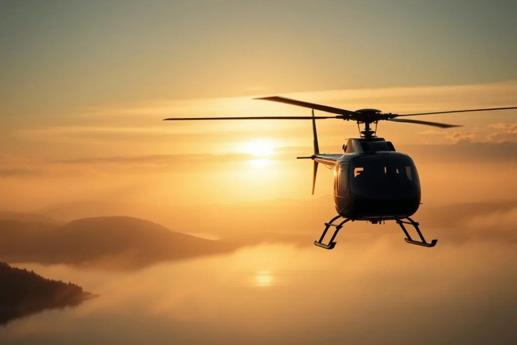 A tranquil dreamscape where a helicopter hovers gracefully, its blades cutting through the misty air. In the foreground, the aircraft's silhouette casts an enigmatic shadow, symbolizing the power and mystery of our subconscious. The middle ground features a serene landscape, with rolling hills and a calming lake, reflecting the helicopter's image like a mirror. In the background, a warm, golden sky sets the mood, suggesting a sense of enlightenment and self-discovery. The scene is bathed in a soft, ethereal light, creating an atmosphere of introspection and contemplation, inviting the viewer to explore the deeper symbolism of the helicopter in their dreams.