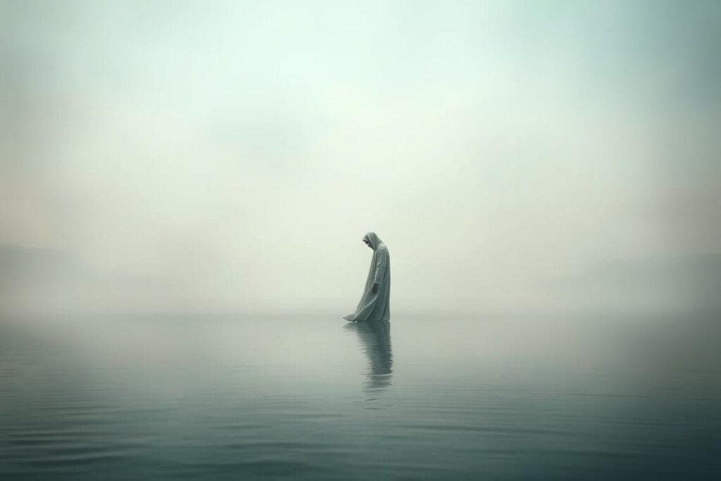 A tranquil dreamscape, where a lone figure stands motionless, lost in contemplation. The foreground depicts a serene lake, its glassy surface reflecting the sky above. In the middle ground, the figure, shrouded in a wispy robe, gazes downward, their expression one of detachment and resignation. The background is a hazy, dreamlike landscape, with soft, muted tones and a sense of timelessness. The lighting is muted, casting a gentle, ethereal glow, suggesting the liminal space between waking and dreaming. The overall composition conveys a sense of inaction, as if the figure is unable or unwilling to intervene, symbolizing the complexities of the human psyche and the sometimes passive nature of our dreams.