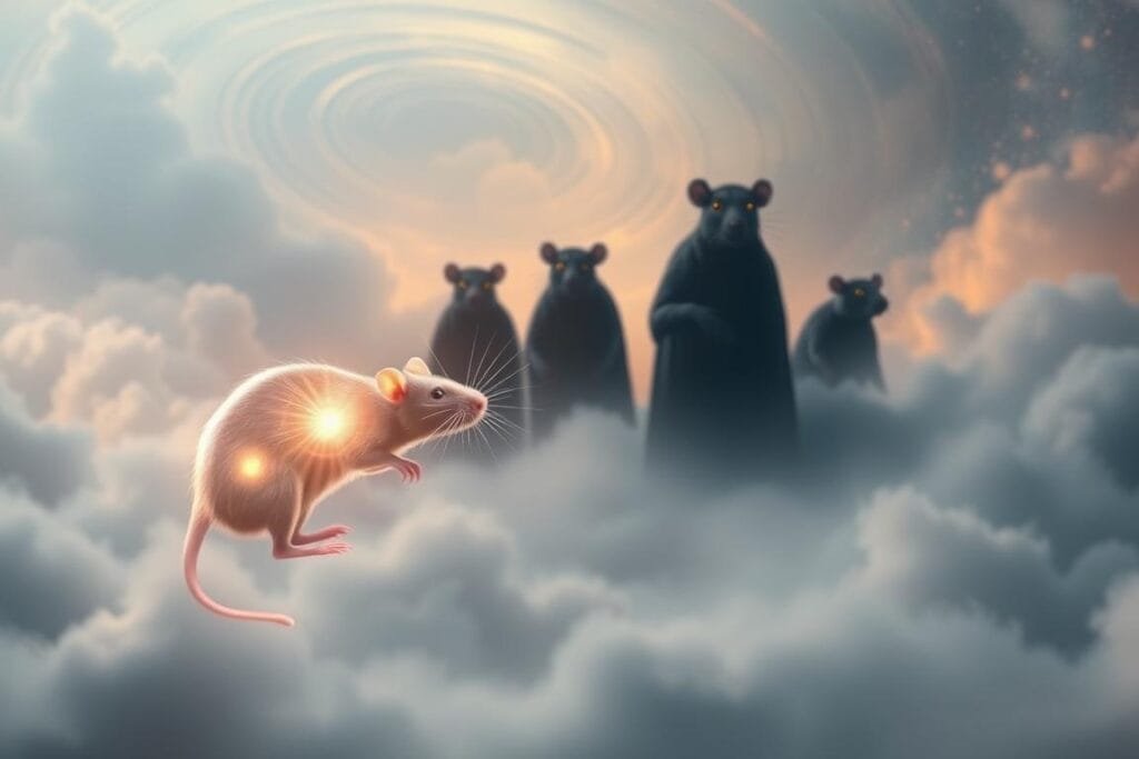 A tranquil, ethereal scene depicting the spiritual significance of rats. In the foreground, a glowing, translucent rat hovers weightlessly, its body radiating an otherworldly energy. In the middle ground, shadowy spirit guides in the form of rats emerge from a mist, their eyes shining with ancient wisdom. The background is a dreamlike landscape of swirling, iridescent clouds and cosmic patterns, creating a sense of timelessness and the interconnectedness of all life. Soft, diffused lighting bathes the scene in a warm, mystical glow, conveying a deep sense of contemplation and the transcendent power of the rat spirit.