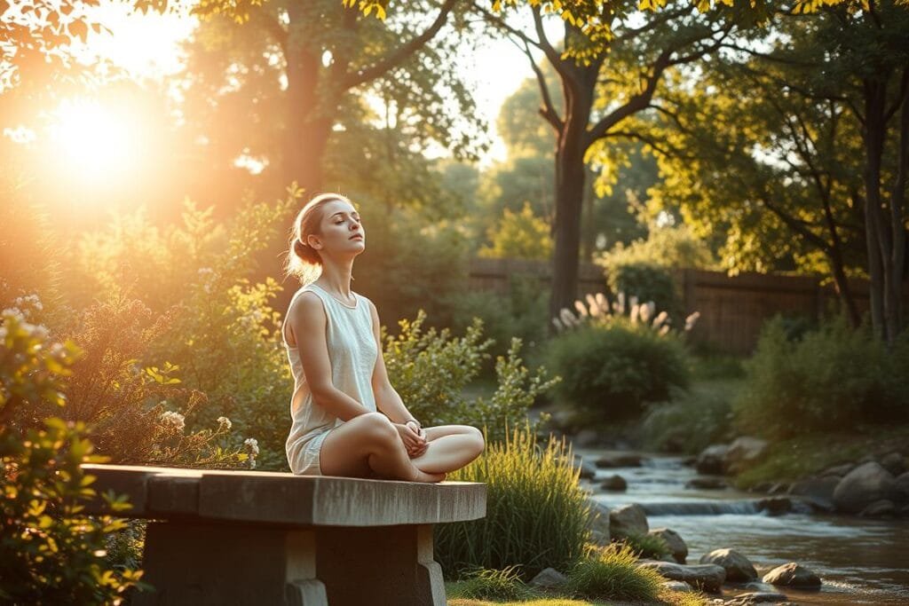 A tranquil garden scene, bathed in the soft, golden glow of an early morning sun. A woman sits cross-legged on a weathered stone bench, her eyes closed in contemplation, a serene expression upon her face. The lush, verdant foliage of surrounding trees and shrubs creates a sense of privacy and refuge, while a gently flowing stream adds a soothing, ambient soundtrack. Wispy clouds drift overhead, and the warm breeze carries the delicate scents of blooming flowers. This is a place of solace, where the lingering unease of a troubling dream slowly dissipates, leaving behind a profound sense of inner peace and renewal.