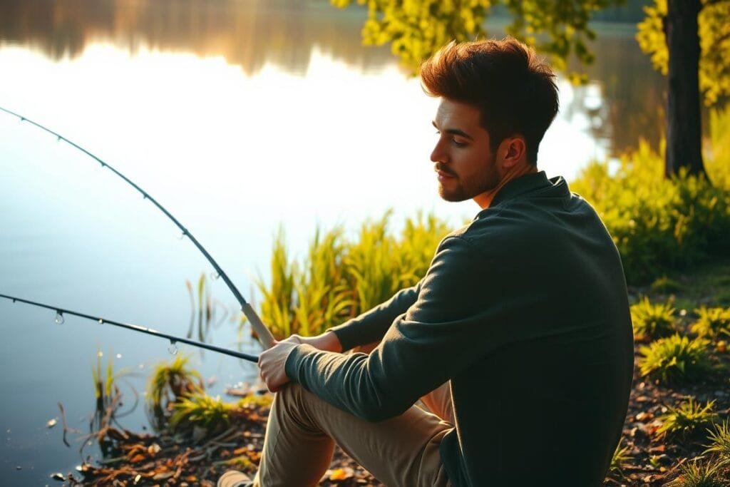A tranquil lakeside setting, with a serene reflection of the sky and trees on the calm water. In the foreground, a person sits on the bank, intently observing a fishing rod as they analyze their recent dream of catching fish. The scene is bathed in warm, golden sunlight, creating a sense of contemplation and introspection. The person's expression is one of focused concentration, as they delve into the symbolic meanings and personal insights hidden within their subconscious experience. The surrounding environment is lush and verdant, suggesting a connection between the dreamer's inner world and the natural world.