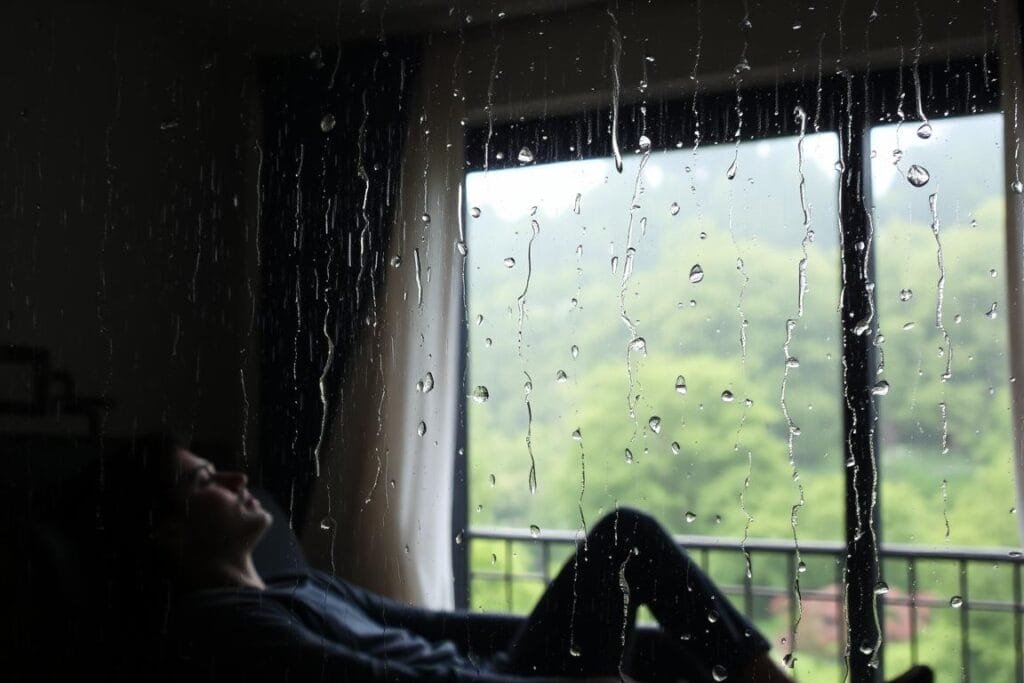 A tranquil rainy day scene, with droplets gently cascading down a window pane, casting a soft, diffused light on the interior. In the foreground, a person sits comfortably on a couch, lost in deep contemplation, as the rhythmic patter of rain evokes a sense of calm and introspection. Through the rain-streaked glass, a lush, verdant landscape comes into view, hinting at the soothing, restorative powers of the rain. The overall atmosphere is one of serene reflection, a moment of quiet respite from the hustle and bustle of daily life.