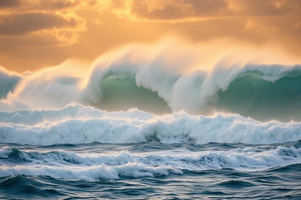 A vast, powerful seascape with towering, crashing waves. The foaming, turquoise swells rise high into the air, their crests curling and collapsing in a dramatic display of nature's raw force. The ocean's surface is illuminated by warm, golden sunlight streaming through scattered clouds, casting a dramatic, moody atmosphere. The waves fill the frame, their scale and energy commanding attention. A sense of immense, unbridled power and elemental beauty permeates the scene.