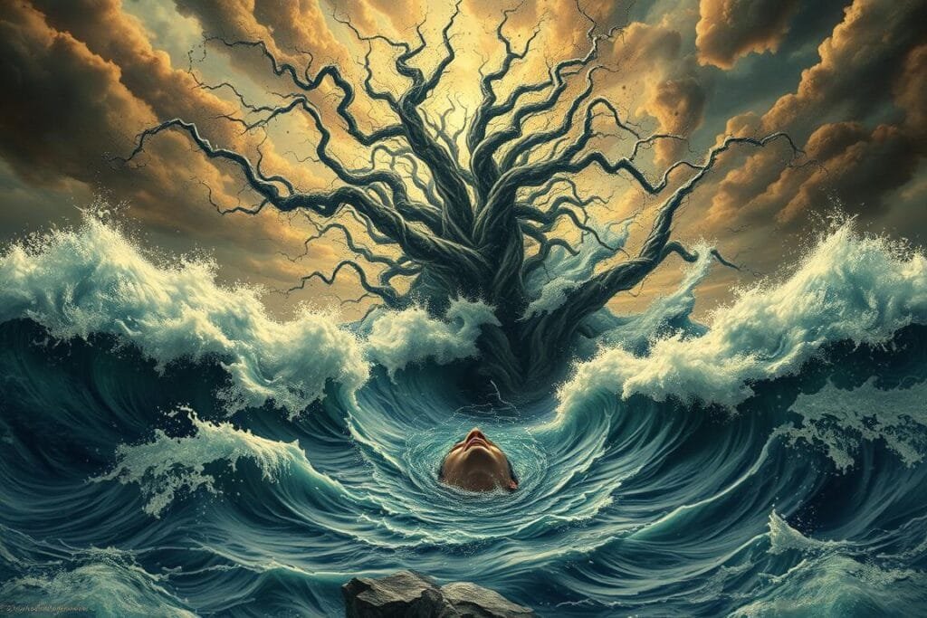 A vast, turbulent ocean surges forth, waves crashing against a fractured psyche. In the center, a lone figure is submerged, their visage distorted by the swirling currents of the subconscious. Amidst the chaos, ethereal tendrils of thought and emotion radiate outward, tangling and recombining in an ever-shifting dreamscape. The sky is a kaleidoscope of unsettling hues, reflecting the internal upheaval. Shards of memory and primal fears coalesce, creating a maelstrom of symbolism that envelops the viewer, inviting them to dive deep into the subterranean realms of the mind.