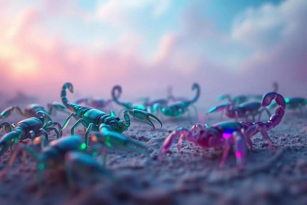 A vibrant, dreamlike scene of scorpions in a surreal, ethereal landscape. In the foreground, a cluster of scorpions in shimmering shades of blue, green, and purple, their translucent exoskeletons catching the soft, diffused light. In the middle ground, a hazy, abstract background of swirling, pastel-colored mists and clouds. The mood is serene, mystical, and introspective, evoking a sense of inner exploration and the subconscious. The image is captured with a shallow depth of field, drawing the viewer's focus to the mesmerizing details of the scorpions. Soft, ambient lighting illuminates the scene, creating a calming and contemplative atmosphere.