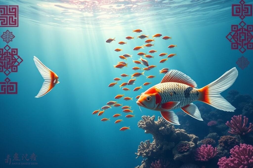 A vibrant underwater scene showcases the cultural symbolism of fish. In the foreground, an ornate koi fish swims gracefully, its scales glimmering under the soft, diffused lighting. In the middle ground, schools of smaller fish dart between coral formations, representing the interconnectedness of life. The background features intricate patterns and motifs inspired by traditional Asian artworks, creating a visually rich and immersive environment. The overall mood is one of tranquility and reverence, reflecting the deep spiritual significance of fish in many cultures.