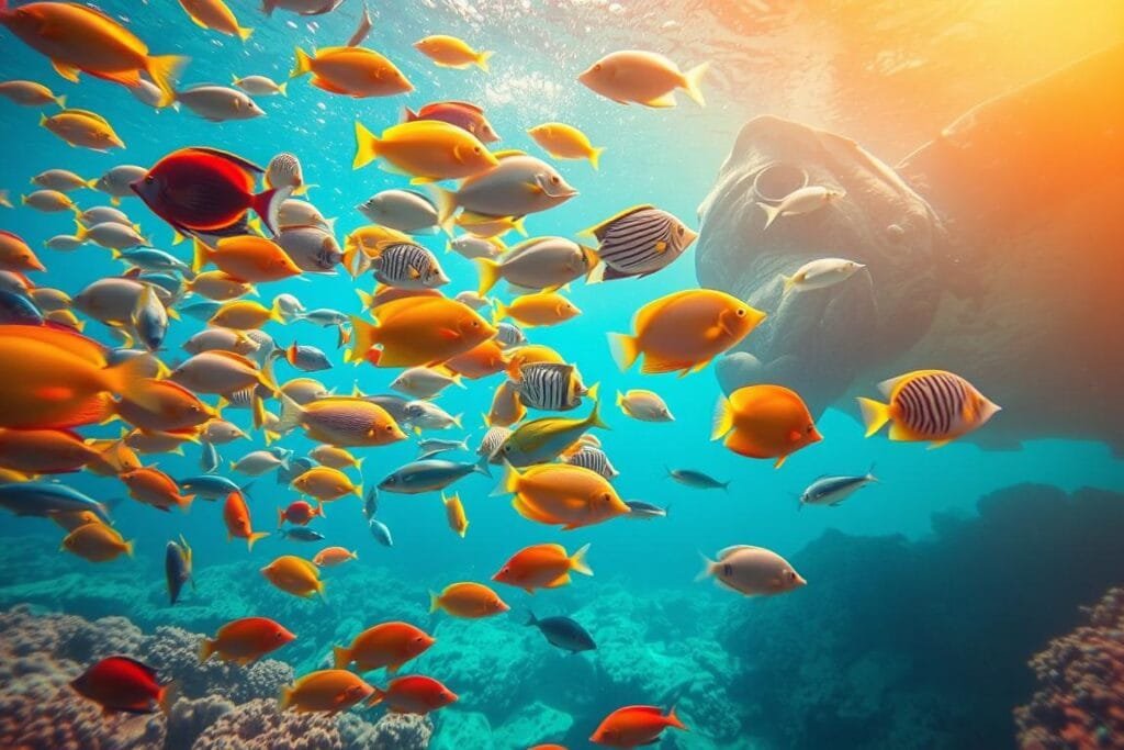 A vibrant underwater scene with a captivating school of diverse and vividly colored fish. In the foreground, a kaleidoscope of tropical fish in bold hues of red, blue, yellow, and green dart and weave through the crystal-clear waters. The middle ground features a mix of larger, more ornate species swimming gracefully, their intricate patterns and fins shimmering in the soft, diffused lighting. In the background, a vibrant coral reef provides a lush, natural backdrop, adding depth and dimension to the composition. The entire scene is bathed in a warm, inviting glow, conveying a sense of tranquility and wonder.