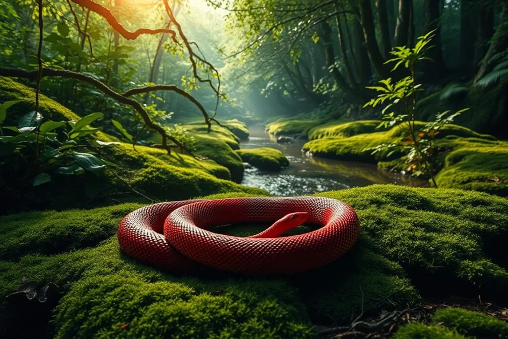 A vivid, dreamlike scene of a coiled red snake resting peacefully on a lush, mossy forest floor. The serpent's scales shimmer in the soft, dappled sunlight filtering through the overhead canopy of verdant foliage. In the distance, a tranquil stream meanders, its gently flowing waters reflecting the scene. An aura of mysticism and serenity pervades the atmosphere, inviting the viewer to ponder the symbolic significance of the red snake's presence in this serene, natural setting.