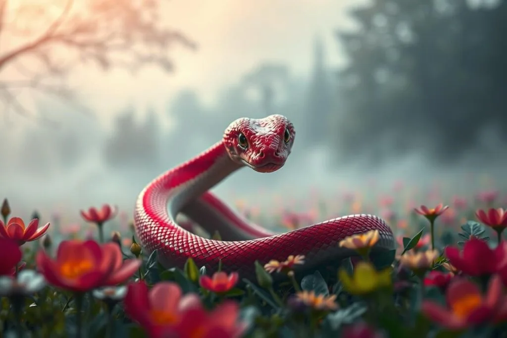 A vivid red snake slithers through a mystical dreamscape. Its scales glisten in the soft, ethereal light as it winds its way through a field of vibrant, otherworldly flowers. In the background, a surreal, hazy forest frames the scene, creating a sense of depth and mystery. The snake's gaze is intense and piercing, conveying a sense of wisdom and ancient knowledge. The overall mood is one of tranquility and introspection, inviting the viewer to ponder the deeper symbolic meaning of the red snake in this dream-like setting.
