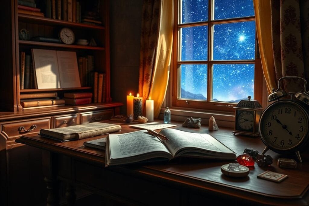 A warm, inviting study with an antique desk, a dreamy night sky outside the window, and an open notebook surrounded by colorful crystals, runes, and a vintage alarm clock. The lighting is soft and cozy, creating an atmosphere of introspection and self-discovery. Strategically placed items inspire the viewer to explore the meaning behind their number dreams, with a sense of wonder and curiosity.