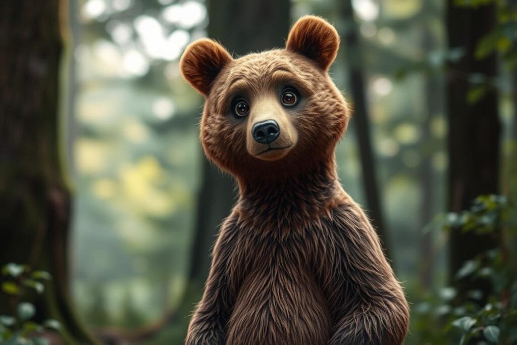 A whimsical and thoughtful bear, standing upright, gazes directly at the viewer with an inquisitive expression. Its fur is a rich, warm brown, and its eyes sparkle with a hint of intelligence. The bear is positioned in a serene forest setting, with lush, verdant foliage and soft, diffused lighting creating a peaceful, dreamlike atmosphere. The scene conveys a sense of wonder and the possibility of communication between the bear and the observer, inviting the viewer to ponder the deeper meaning and significance of this unusual encounter.