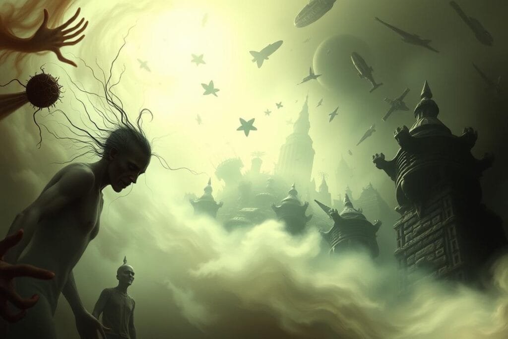 An eerie, dreamlike scene of twisted, surreal imagery representing the causes of fever dreams. In the foreground, a distorted, otherworldly figure emerges from a swirling mist, its features indistinct and unsettling. In the middle ground, a chaotic landscape of fragmented, floating objects and distorted shapes, suggesting the disorienting nature of fever dreams. The background is shrouded in a hazy, atmospheric glow, creating a sense of unease and the unknown. The lighting is soft and diffused, casting long shadows and adding to the unsettling, surreal atmosphere. The overall composition conveys the sense of a fever dream - a vivid, yet disjointed and unsettling experience.