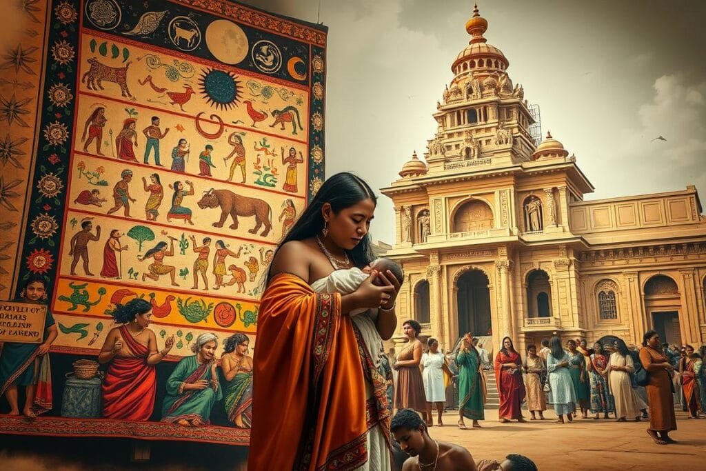An elaborate mural depicting diverse cultural representations of birth dreams. In the foreground, a serene indigenous woman in flowing robes cradling a newborn. Behind her, a colorful tapestry illuminates ancient fertility symbols and celestial motifs. In the middle ground, a bustling market scene with midwives, doulas, and families celebrating new life. In the background, a majestic temple with ornate carvings and murals showcasing birth rituals from around the world. Soft, diffused lighting casts an ethereal glow, evoking a dreamlike, reverent atmosphere. Warm, earthy tones predominate, with splashes of vibrant hues. The scene captures the profound, universal significance of birth across cultures.