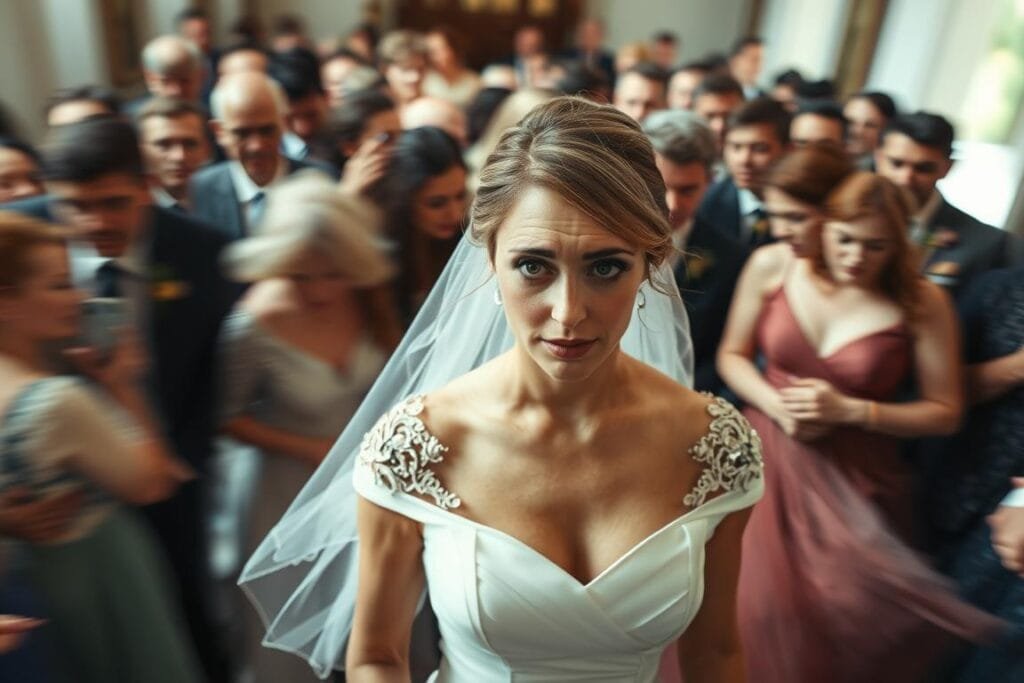 An elegant bride, lost and confused, stands amidst the chaos of her wedding day. A blurred crowd of guests, family, and attendants swirls around her, creating a sense of overwhelming disorientation. The bride's expression is one of bewilderment, her gown pristine but her face etched with uncertainty. The lighting is soft and natural, casting a dreamlike, hazy quality over the scene. The camera angle is slightly low, emphasizing the bride's isolation and the overwhelming nature of the moment. The overall atmosphere is one of emotional turmoil and the unsettling feeling of being adrift on what should be the most joyous day of one's life.