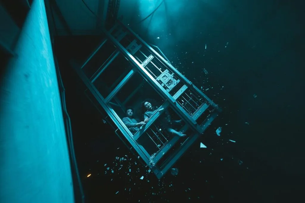 An elevator plummeting down a dark shaft, its metal frame twisted and broken, its occupants in a state of panic and desperation. The scene is bathed in a harsh, colder-than-ice blue light, casting deep shadows that suggest a sense of hopelessness and loss of control. The camera angle is tilted, conveying a disorienting and unbalanced perspective, mirroring the chaos unfolding within the confined space. Shards of glass and debris swirl through the air, adding to the overwhelming sense of impending doom. This haunting image symbolizes the sudden and devastating collapse of one's plans, the inability to prevent a tragic outcome, and the overwhelming fear of losing control of one's life. An elevator plummeting down a dark shaft, its metal frame twisted and broken, its occupants in a state of panic and desperation. The scene is bathed in a harsh, colder-than-ice blue light, casting deep shadows that suggest a sense of hopelessness and loss of control. The camera angle is tilted, conveying a disorienting and unbalanced perspective, mirroring the chaos unfolding within the confined space. Shards of glass and debris swirl through the air, adding to the overwhelming sense of impending doom. This haunting image symbolizes the sudden and devastating collapse of one's plans, the inability to prevent a tragic outcome, and the overwhelming fear of losing control of one's life.