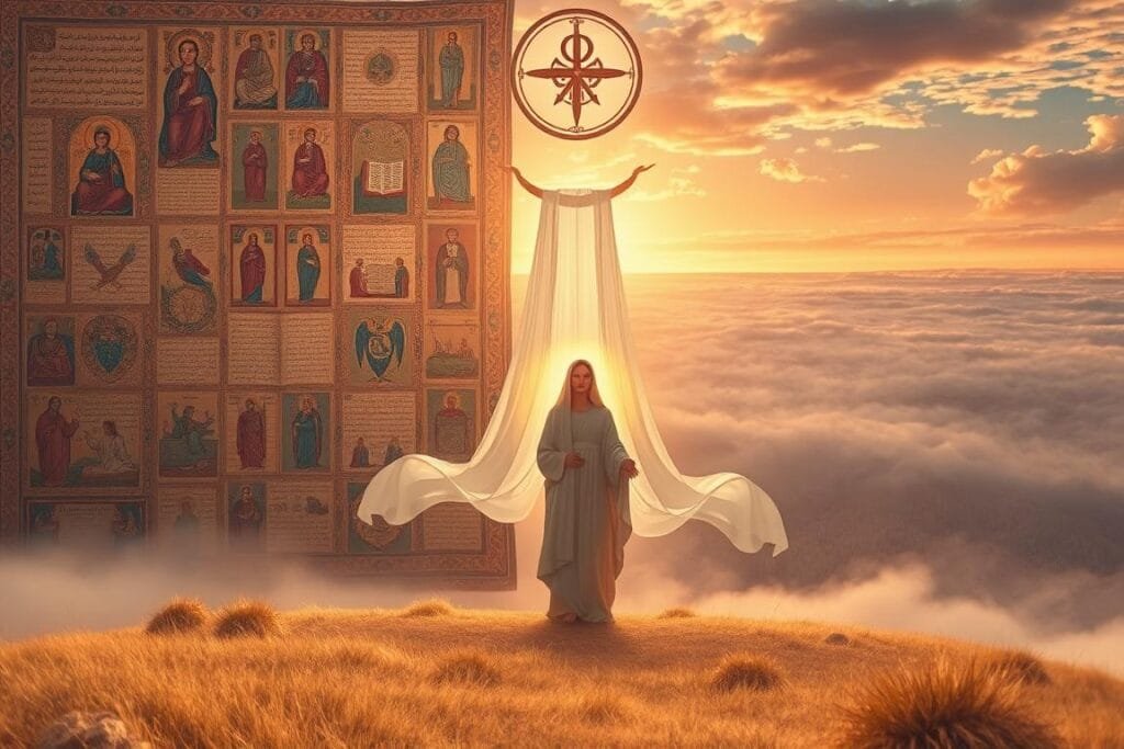 An ethereal landscape where biblical and cultural symbols collide. In the foreground, a serene figure representing the divine, bathed in a warm, heavenly glow. Behind them, a tapestry of ancient manuscripts, intricate religious icons, and symbolic artifacts from diverse traditions. The middle ground features a dreamlike veil, hinting at the blurred boundaries between the spiritual and physical realms. In the distance, a horizon where the sky and earth merge, suggesting the interconnectedness of beliefs and the universality of human experiences. Soft, diffused lighting creates an atmosphere of contemplation and reverence, inviting the viewer to ponder the deeper meanings behind miscarriage dreams.