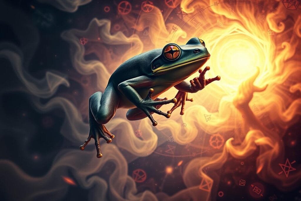 An occult frog dream, shrouded in mystical hues. A levitating amphibian, its eyes glowing with otherworldly energy, floats amidst a swirling vortex of ethereal mist and psychedelic fractals. The background is a kaleidoscopic tapestry of arcane symbols, ancient runes, and esoteric sigils, hinting at the deep, hidden meaning behind this amphibious apparition. Soft, dramatic lighting casts dramatic shadows, imbuing the scene with a sense of mysticism and the supernatural. The frog's pose is one of contemplation, as if it holds the key to unlocking the secrets of the subconscious. This is a dreamscape where the boundaries between the physical and the metaphysical blur, where the amphibian becomes a conduit for the occult.