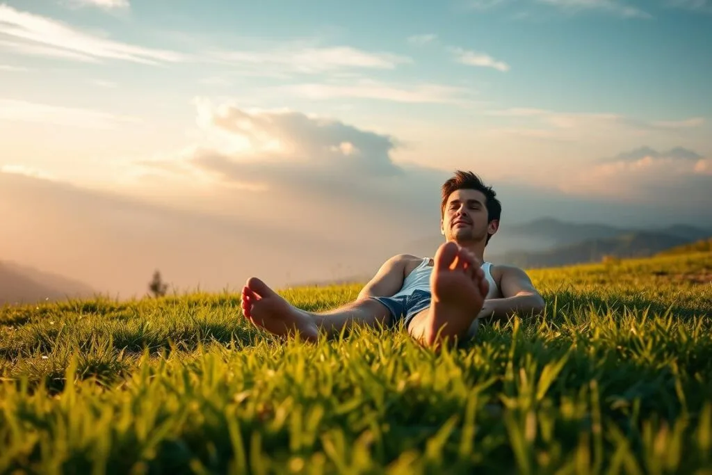 Barefoot dreamer resting on plush azure meadow, soft grass caressing soles. Mist-shrouded mountains loom in distant background, bathed in golden-hour light. Wisps of clouds drift overhead, casting gentle shadows. Serene atmosphere pervades, evoking feelings of tranquility, contentment, and connection to nature. Central figure looks peaceful, expression conveying introspection and self-reflection. Camera position low, providing intimate perspective and sense of immersion. Overall, a contemplative, introspective scene capturing the emotional essence of "feelings in barefoot dreams". Barefoot dreamer resting on plush azure meadow, soft grass caressing soles. Mist-shrouded mountains loom in distant background, bathed in golden-hour light. Wisps of clouds drift overhead, casting gentle shadows. Serene atmosphere pervades, evoking feelings of tranquility, contentment, and connection to nature. Central figure looks peaceful, expression conveying introspection and self-reflection. Camera position low, providing intimate perspective and sense of immersion. Overall, a contemplative, introspective scene capturing the emotional essence of "feelings in barefoot dreams".