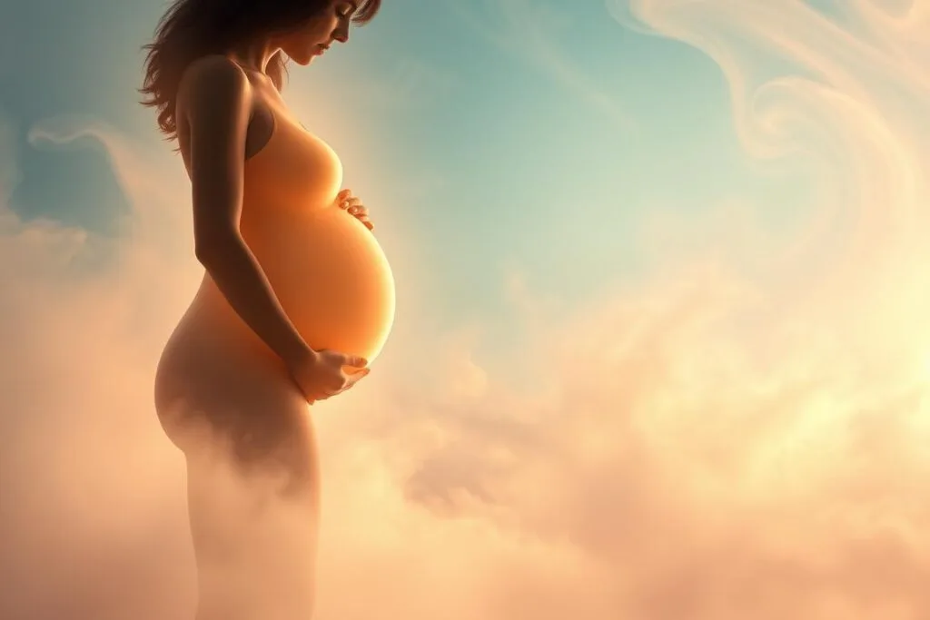 Detailed 3-stage pregnancy journey in dreamlike, ethereal atmosphere. A glowing, floating woman's silhouette in the foreground, her belly subtly expanding through the stages. Soft, hazy lighting illuminates the middle ground, where translucent, wispy forms symbolize the developing baby. In the background, a swirling, abstract landscape of pastel colors and gentle, cloud-like shapes creates a soothing, meditative ambiance. Delicate balance of realism and surrealism, with a focus on the emotional, spiritual experience of pregnancy as depicted in dreams. Detailed 3-stage pregnancy journey in dreamlike, ethereal atmosphere. A glowing, floating woman's silhouette in the foreground, her belly subtly expanding through the stages. Soft, hazy lighting illuminates the middle ground, where translucent, wispy forms symbolize the developing baby. In the background, a swirling, abstract landscape of pastel colors and gentle, cloud-like shapes creates a soothing, meditative ambiance. Delicate balance of realism and surrealism, with a focus on the emotional, spiritual experience of pregnancy as depicted in dreams.