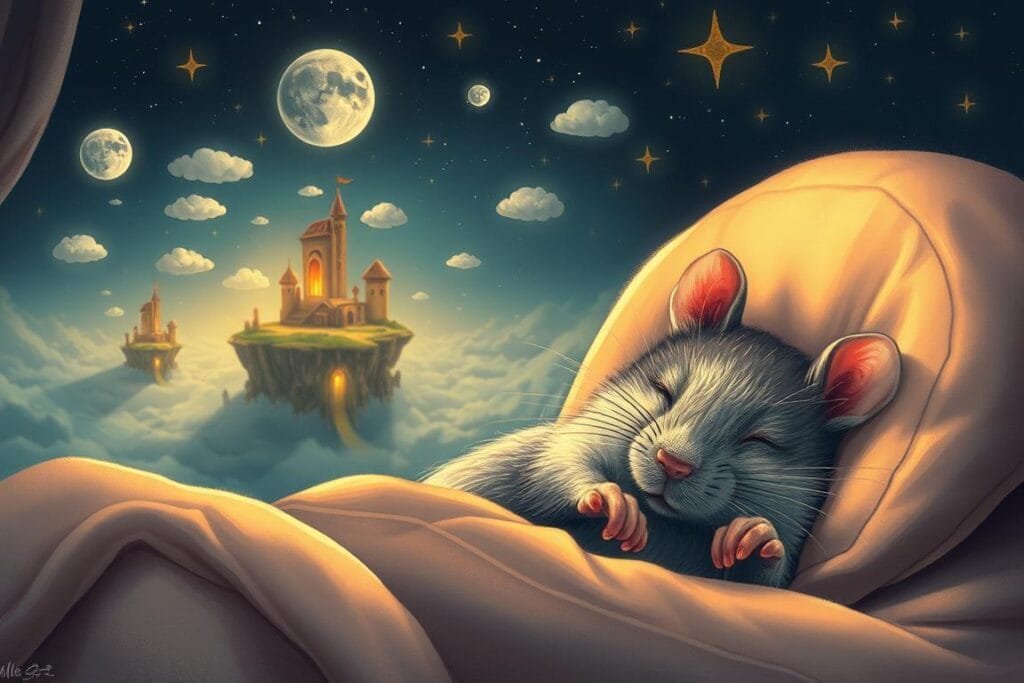Detailed and whimsical interpretation of a rat's dream. A sleeping rat nestled in a cozy bedroom, its eyes closed as it dreams. Soft, warm lighting illuminates the scene, casting a serene, dreamlike atmosphere. In the foreground, the rat's paws twitch gently, hinting at the vivid dream. The middle ground features a surreal landscape, with floating islands, fantastical structures, and mysterious portals. In the background, stars twinkle in a starry night sky, adding a sense of wonder and imagination. The overall composition suggests a journey through the subconscious, where the rat's innermost thoughts and desires are made manifest in a hidden, private world.