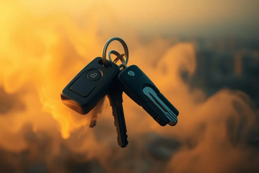 Dramatic car keys floating in a dreamlike ethereal setting, illuminated by a warm, golden glow. The keys are the central focal point, their intricate details and reflective surfaces capturing the viewer's attention. Surrounding the keys, a swirling, ethereal mist creates a sense of mystery and otherworldliness. In the background, a soft, blurred cityscape fades into the distance, suggesting the subconscious nature of the dream. The overall mood is one of contemplation and exploration, inviting the viewer to ponder the deeper meaning behind the appearance of the car keys in the dream. Dramatic car keys floating in a dreamlike ethereal setting, illuminated by a warm, golden glow. The keys are the central focal point, their intricate details and reflective surfaces capturing the viewer's attention. Surrounding the keys, a swirling, ethereal mist creates a sense of mystery and otherworldliness. In the background, a soft, blurred cityscape fades into the distance, suggesting the subconscious nature of the dream. The overall mood is one of contemplation and exploration, inviting the viewer to ponder the deeper meaning behind the appearance of the car keys in the dream.