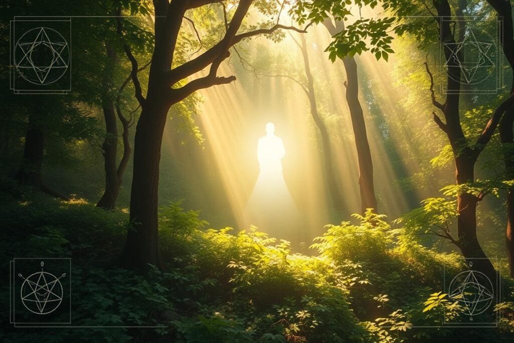 Ethereal visions of a serene landscape, infused with the spiritual essence of an old friend's presence. A tranquil forest glade, where sunlight filters through the canopy, casting a warm glow upon the verdant foliage. In the center, a luminous figure, the silhouette of a familiar face, radiating a sense of connection and guidance from the realm beyond. Surrounding this vision, subtle symbols and arcane patterns weave a tapestry of deeper meaning, inviting the viewer to explore the interconnectedness of the physical and the divine. A dreamlike atmosphere, where the boundaries between this world and the next blur, allowing for a glimpse into the profound significance of reconnecting with a cherished spirit.