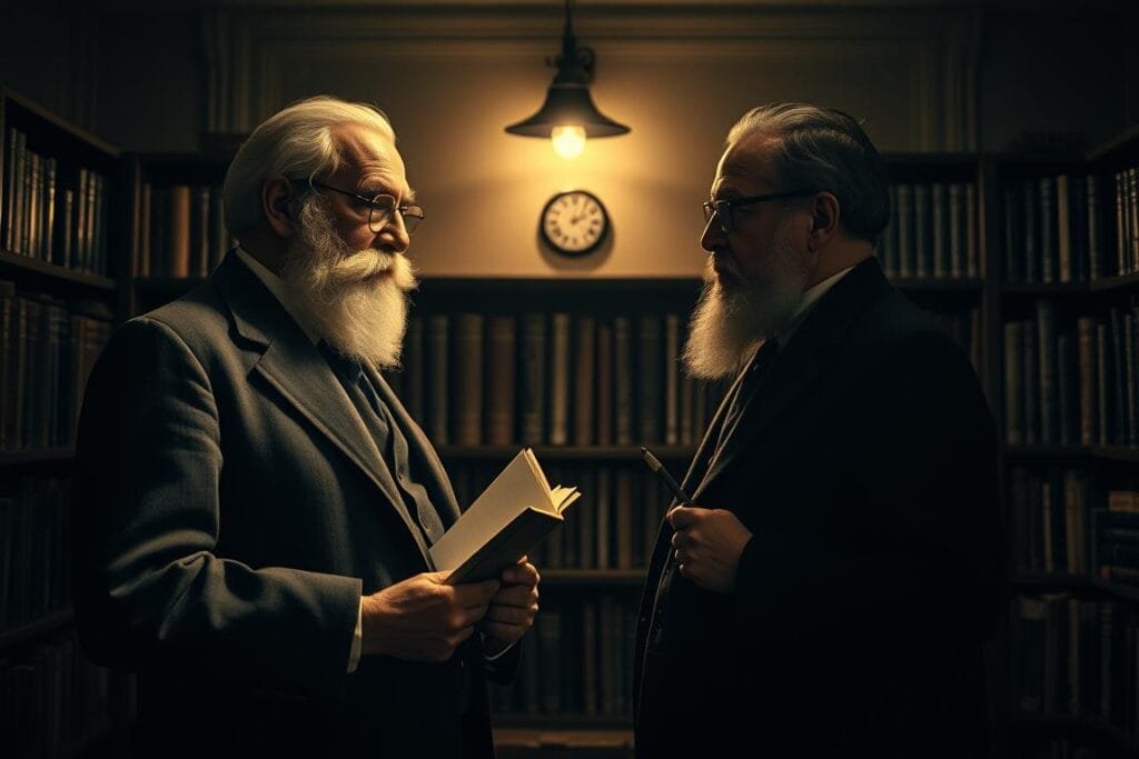 Freud and Jung stand facing each other in a dimly lit study, deep in contemplation. Freud, with his iconic beard and intense gaze, holds a book in one hand, while Jung, with a more pensive expression, holds a quill in the other. Behind them, the walls are lined with bookshelves, casting long shadows across the room. A single lamp illuminates the scene, creating a warm, introspective atmosphere. The lighting is soft and moody, emphasizing the intellectual and introspective nature of the exchange between the two renowned psychologists. The composition is balanced, with Freud and Jung positioned as the focal points, drawing the viewer's attention to their dynamic conversation and the profound implications of their theories on dream interpretation.