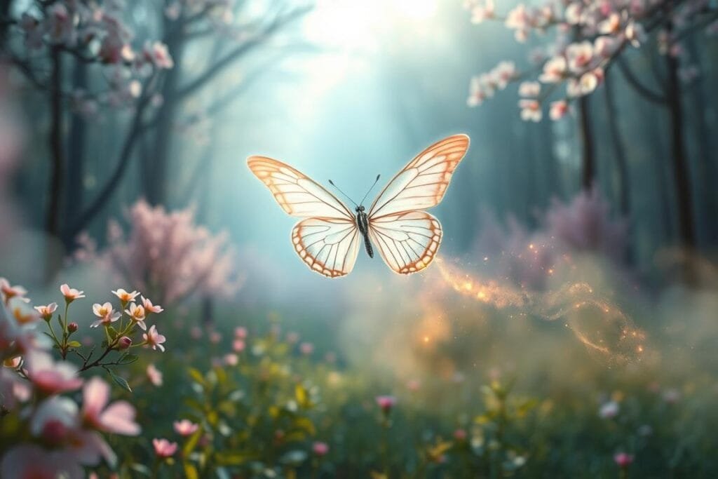Graceful butterfly in a dreamlike landscape, wings shimmering with ethereal light. Soft pastel hues wash over a surreal forest clearing, dappled with blossoming flowers and wisps of mist. The butterfly floats effortlessly, leaving a trail of glowing dust in its wake, symbolizing the delicate yet profound process of personal transformation. A magical realism scene, captured with a wide-angle lens, using gentle, low-contrast lighting to evoke a sense of tranquility and introspection. Subtle hints of movement and depth create an impression of fluidity and change, mirroring the butterfly's journey of metamorphosis.