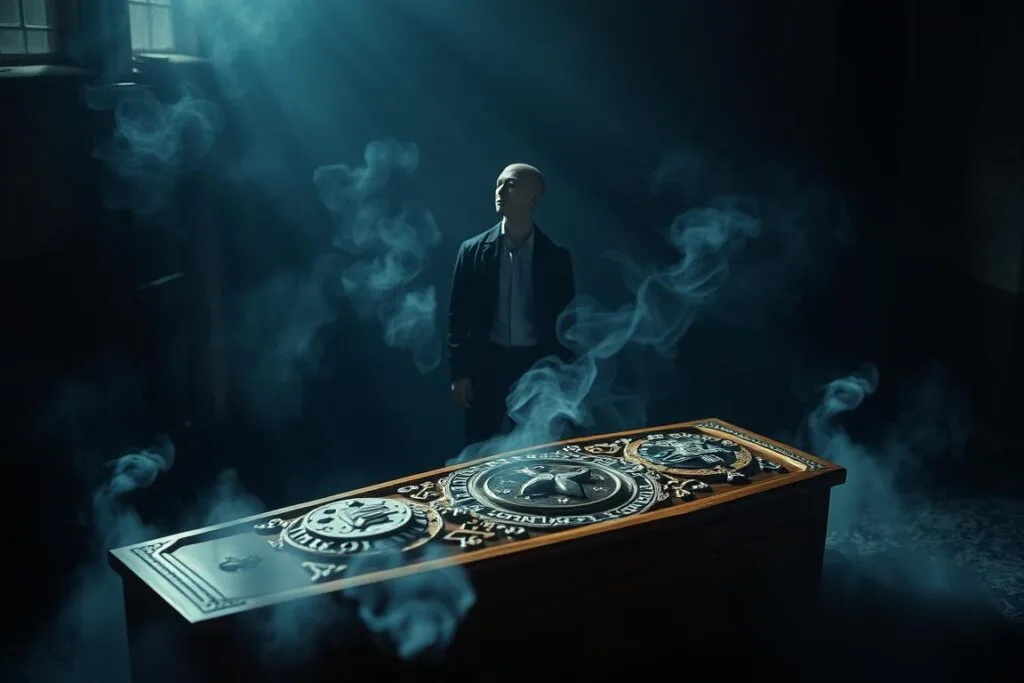 Interpreting Coffin Dreams: A surreal and pensive scene set against a dimly lit, ethereal backdrop. In the foreground, a detailed, intricately carved wooden coffin rests, its surface reflecting a myriad of symbolic imagery. Ethereal wisps of mist swirl around the coffin, creating a sense of mystery and introspection. In the middle ground, a figure stands in deep contemplation, their gaze fixed upon the coffin, their expression thoughtful and pensive. The lighting is soft and moody, casting dramatic shadows that accentuate the symbolism of the scene. The overall atmosphere is one of profound reflection, inviting the viewer to consider the deeper meaning and significance of the coffin and its role in interpreting dreams. Interpreting Coffin Dreams: A surreal and pensive scene set against a dimly lit, ethereal backdrop. In the foreground, a detailed, intricately carved wooden coffin rests, its surface reflecting a myriad of symbolic imagery. Ethereal wisps of mist swirl around the coffin, creating a sense of mystery and introspection. In the middle ground, a figure stands in deep contemplation, their gaze fixed upon the coffin, their expression thoughtful and pensive. The lighting is soft and moody, casting dramatic shadows that accentuate the symbolism of the scene. The overall atmosphere is one of profound reflection, inviting the viewer to consider the deeper meaning and significance of the coffin and its role in interpreting dreams.