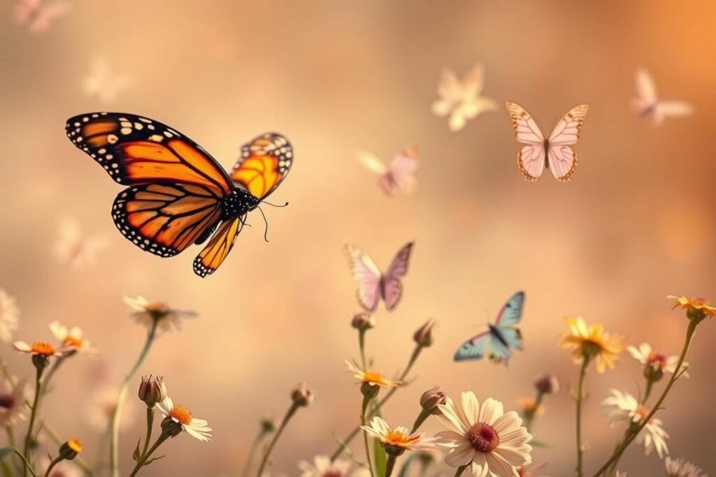 Interpreting butterfly colors in dreams: Ethereal butterflies flutter gracefully through a dreamscape of soft pastel hues. In the foreground, a monarch with vibrant orange wings and striking black veins takes flight, its movements reflecting the transformative power of the subconscious. In the middle ground, delicate pastel-hued butterflies alight on flowers, their colors symbolizing the nuanced meanings of emotions and inner change. The background is shrouded in a hazy, dreamlike atmosphere, evoking the liminal space between waking and sleeping. Warm, diffused lighting casts a serene glow, as if the scene is illuminated from within. The overall composition invites the viewer to ponder the symbolic significance of butterfly colors and their manifestation in the realm of dreams.