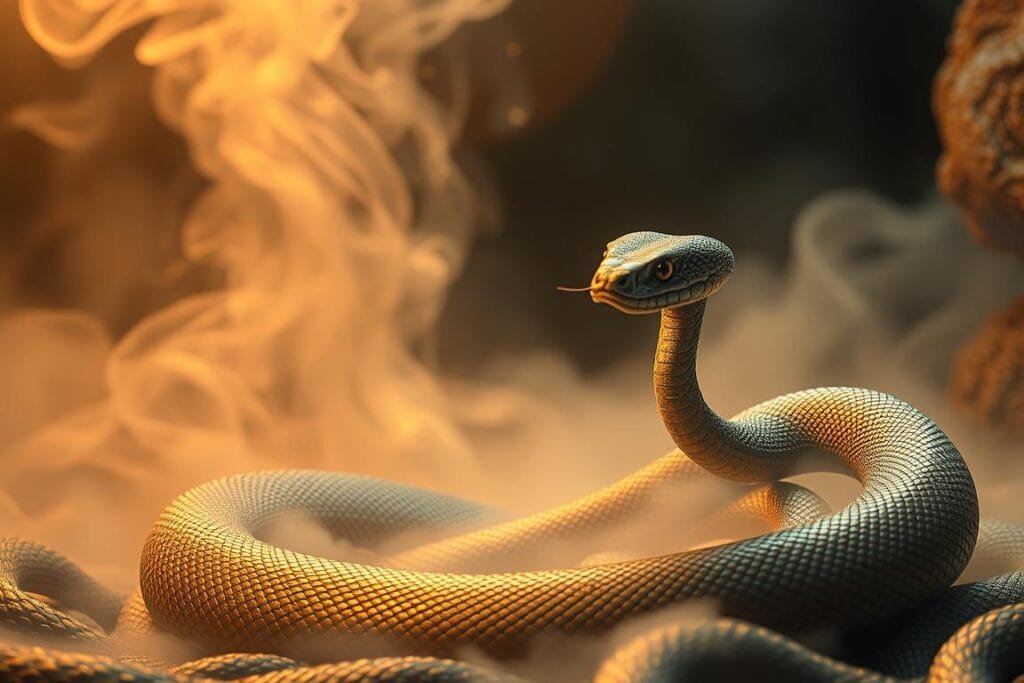 Intricate interpretation of snake dreams, displayed in a surreal, dreamlike tableau. In the foreground, a serpent coils gracefully, its scales shimmering under soft, warm lighting. The serpent's gaze is piercing, inviting the viewer to ponder its symbolic meaning. In the middle ground, a cascade of ethereal, swirling mist obscures the background, creating an atmosphere of mystery and introspection. The overall scene is bathed in a muted, meditative color palette, with hints of gold and amber, evoking a sense of ancient wisdom and the subconscious realm. The composition is balanced and harmonious, guiding the viewer's eye through the layers of this captivating visual interpretation of snake dreams.