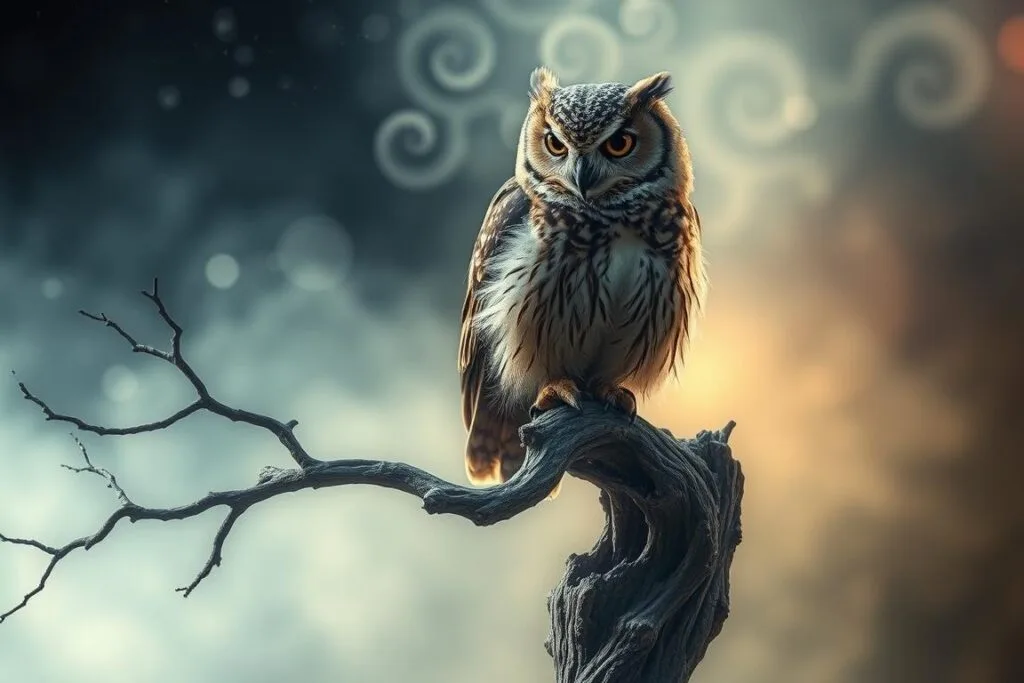 Psychological Interpretations of Owl Dreams: A surreal dreamscape featuring a wise, contemplative owl perched atop a twisted, gnarled tree branch, casting a thoughtful gaze upon the viewer. The owl's eyes are piercing and introspective, suggesting a deeper, mystical connection to the subconscious. Swirling wisps of ethereal mist and soft, diffused lighting envelop the scene, creating a sense of introspection and reverie. The background is hazy and abstracted, with hints of a starry night sky or a dreamlike landscape, allowing the focus to remain on the owl's symbolic presence and the psychological significance it holds.