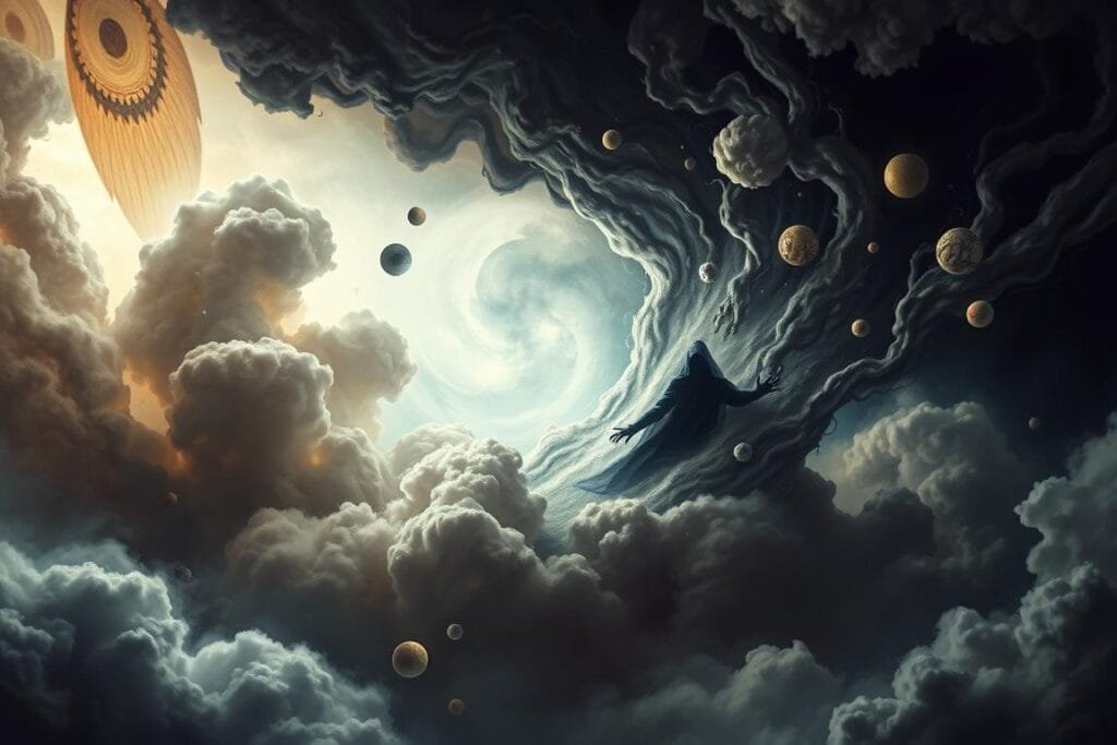 Psychological interpretation of dreams: A surreal dreamscape with a figure emerging from a vortex of subconscious symbols. Swirling clouds of abstract shapes and muted colors represent the chaos and complexity of the unconscious mind. The central figure, shrouded in shadow, symbolizes the struggle to confront and understand the hidden demons within. Dramatic lighting casts an ominous glow, conveying the unsettling and unnerving nature of these deep-seated psychological forces. A sense of unease and mystery permeates the scene, inviting the viewer to explore the hidden meanings and personal significance of this powerful dream imagery.